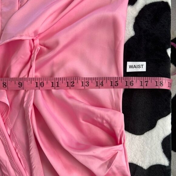 Pink Satin Deep Collar V Neck Tie Front Long Sleeve Mini Dress Small - Picture 9 of 11